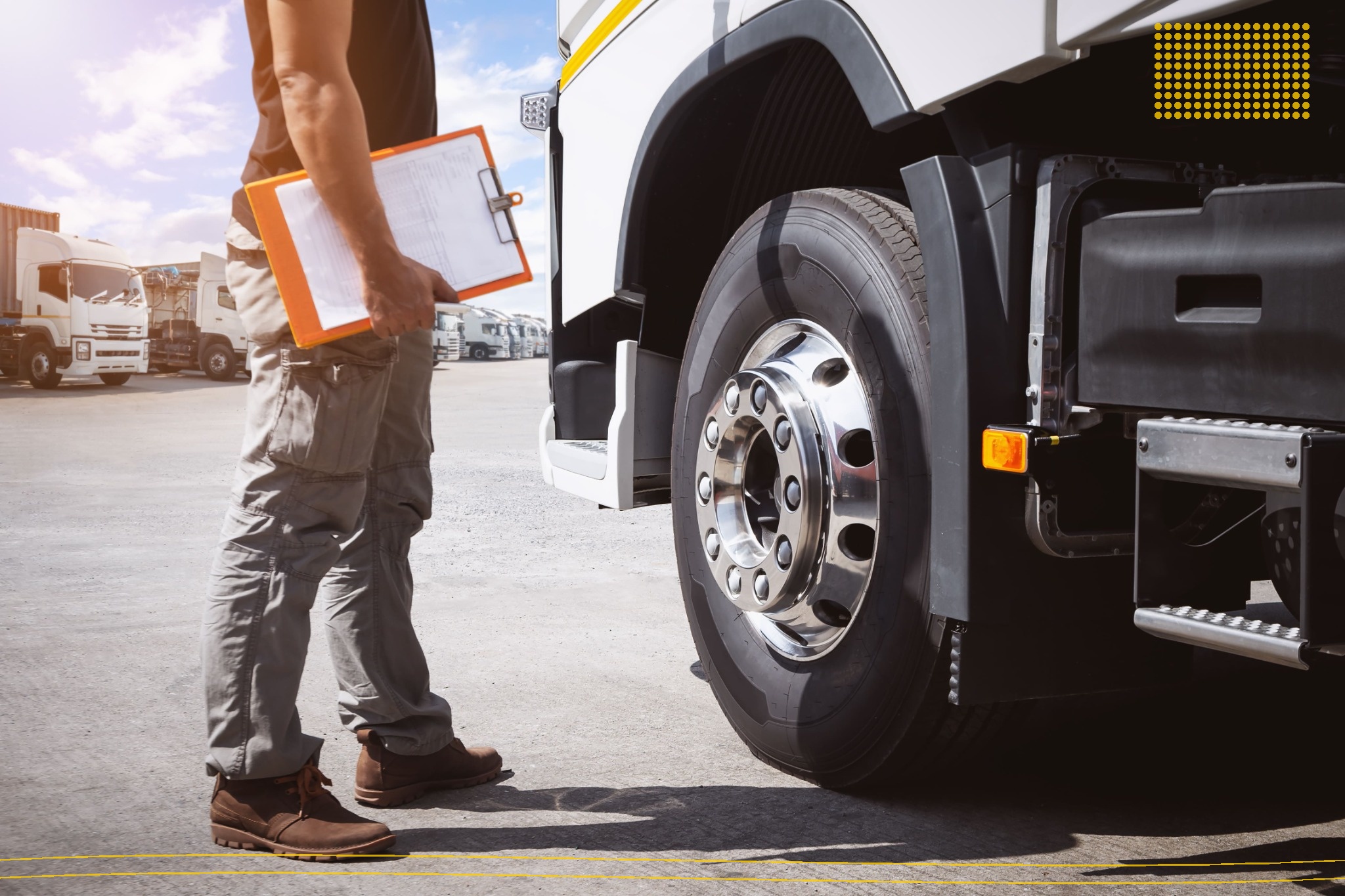 Logistics worker with clipboard standing next to truck wheel in depot