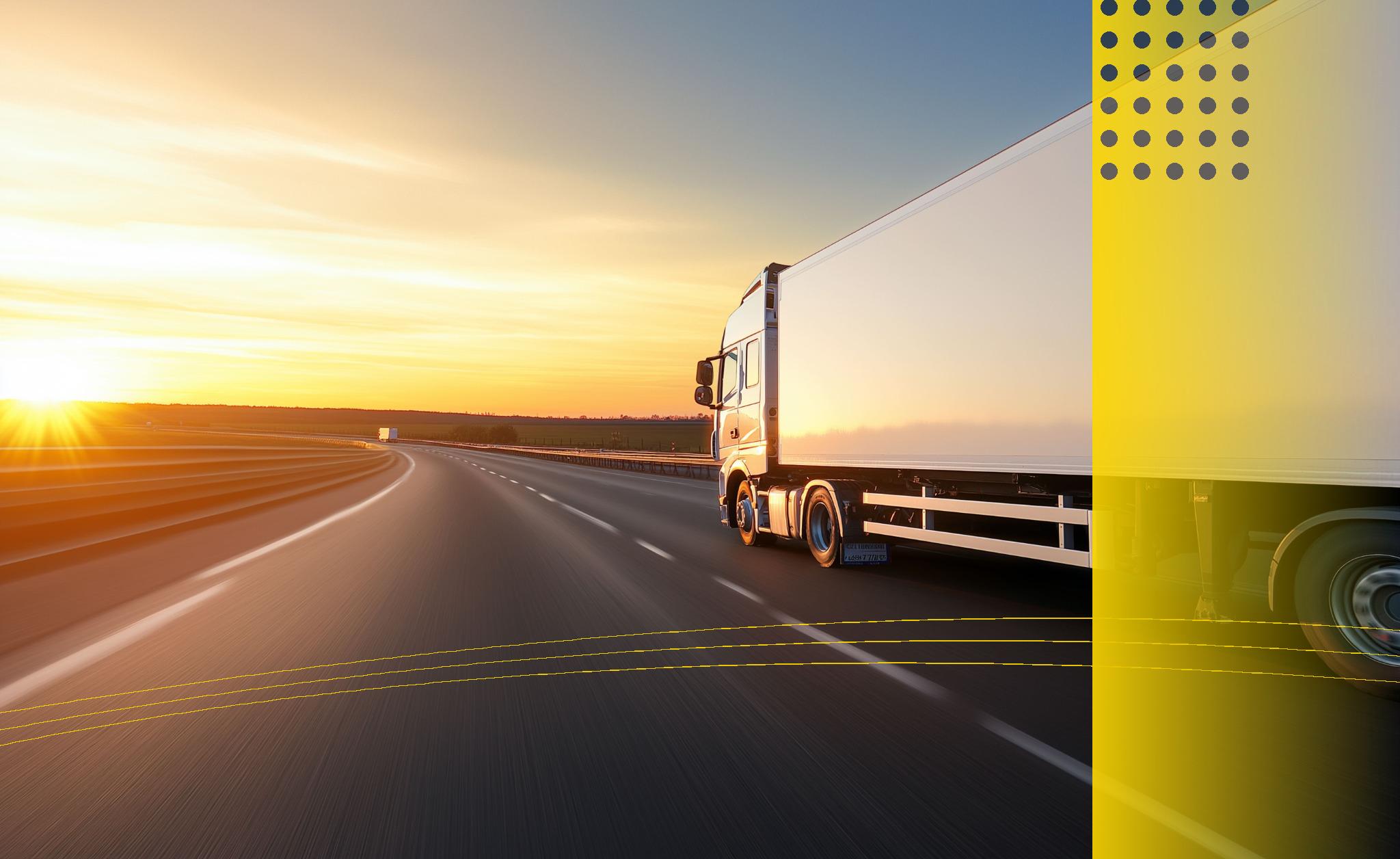 White truck on highway at sunset with yellow branding elements
